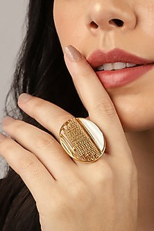 Gold Rhodium Finish Hand-Cut Mother Of Pearl Adjustable Moon Ring