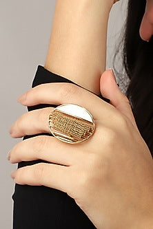 Gold Rhodium Finish Hand-Cut Mother Of Pearl Adjustable Moon Ring