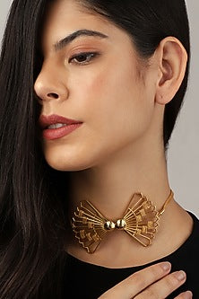 Gold Finish Bow Choker Necklace