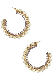 Gold Plated Stone and Pearls Open Hoop Earrings