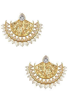 Gold Plated Stone and Pearls Textured Chandbali Earrings