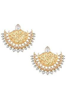 Gold plated zircon and pearl textured chandbali earrings