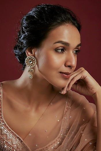 Gold Plated Kundan Polki & Pearl Dangler Earrings
