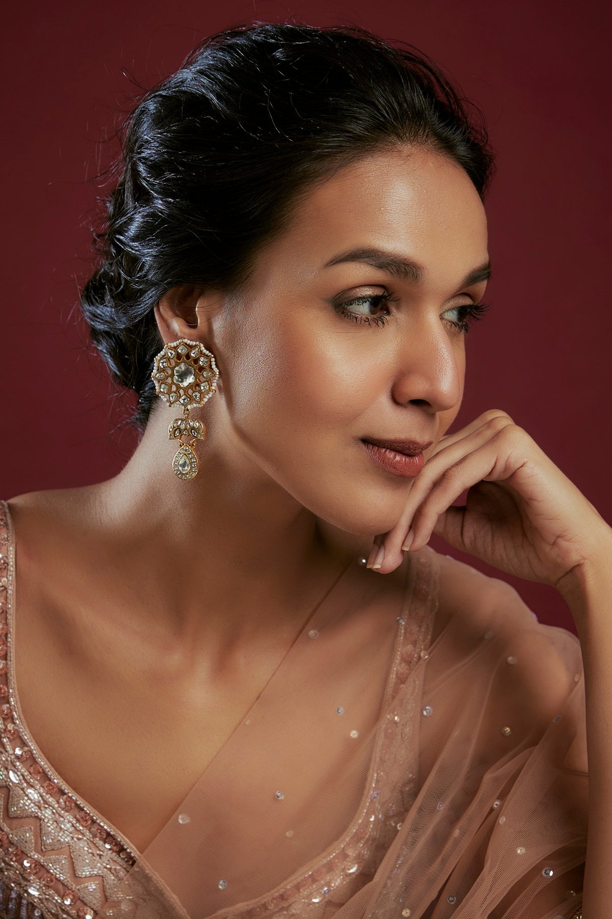 Gold Plated Kundan Polki & Pearl Dangler Earrings