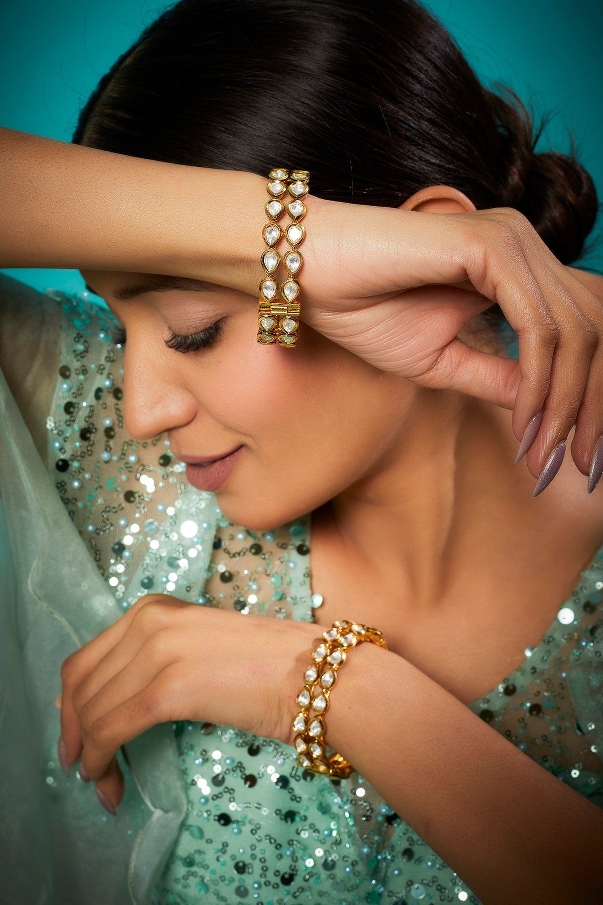 Gold Finish Kundan Polki Bangles (Set Of 2)