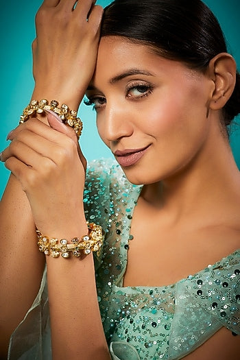 Gold Finish Multi-Colored Kundan Polki Bangles (Set Of 2)