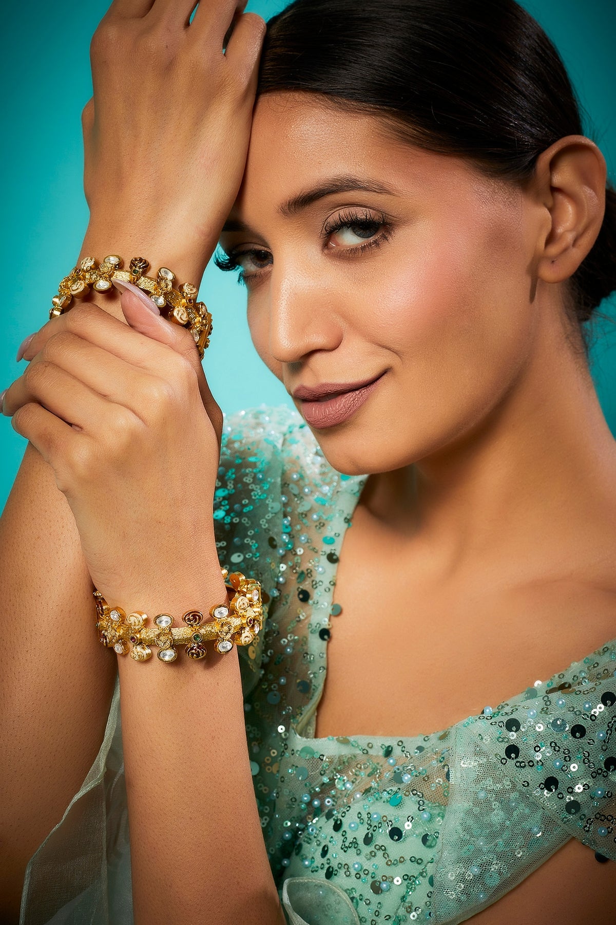 Gold Finish Multi-Colored Kundan Polki Bangles (Set Of 2)