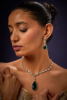 White Finish Emerald Long Necklace Set