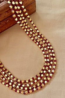 Gold Finish Red Beaded Long Necklace