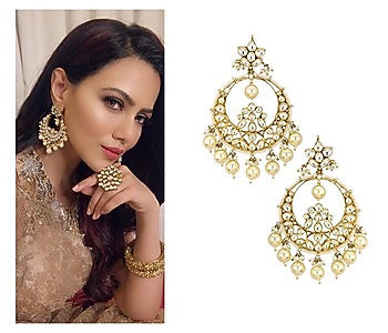 Gold Plated Pink and White Jadtar Stones Chandbali Earrings
