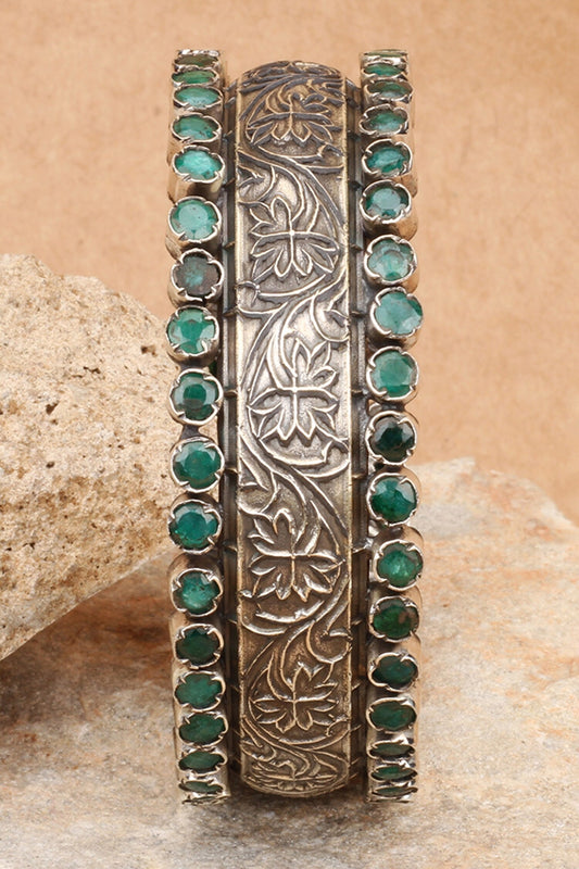 Floral Carved Silver Bracelet with Green Stones 