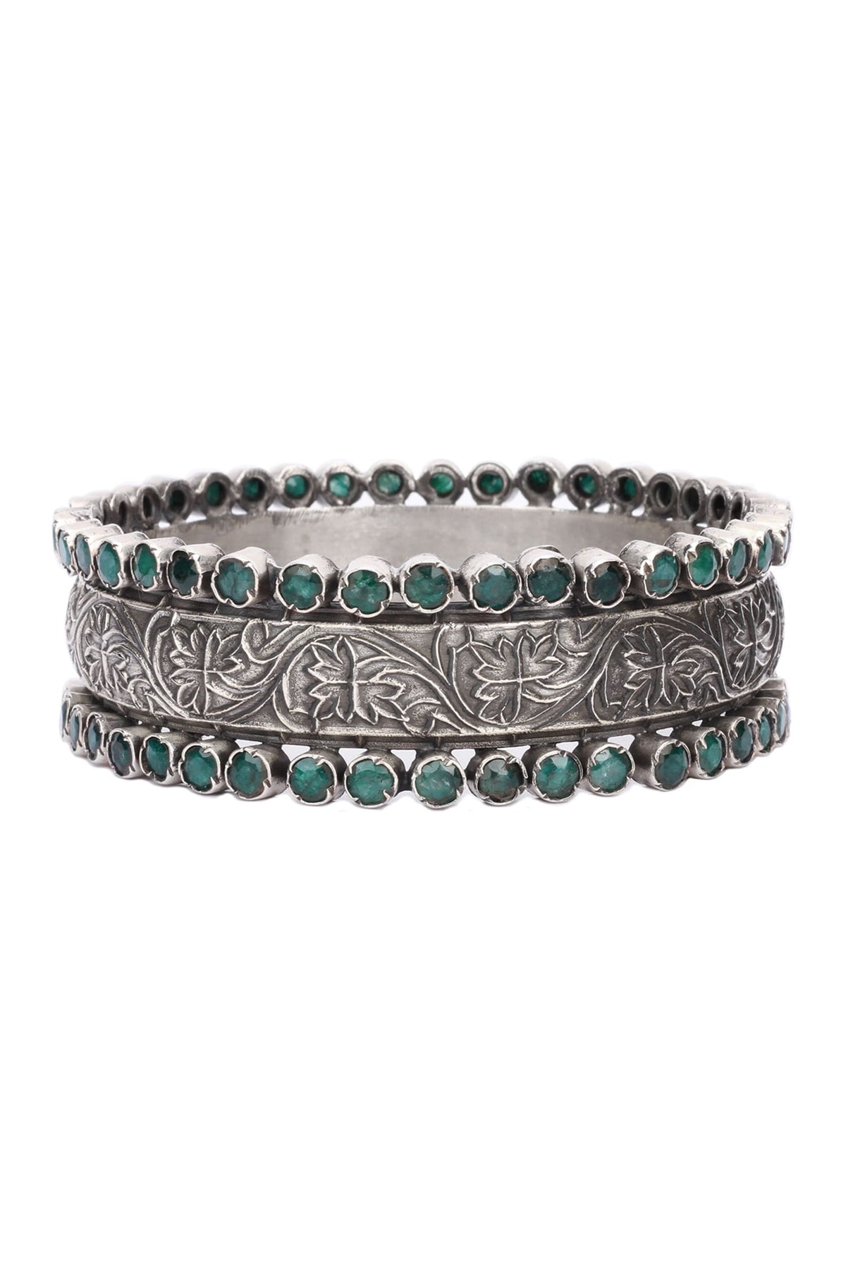 Floral Carved Silver Bracelet with Green Stones 
