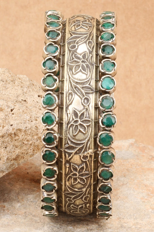 Silver Green Floral Carved Bracelet 