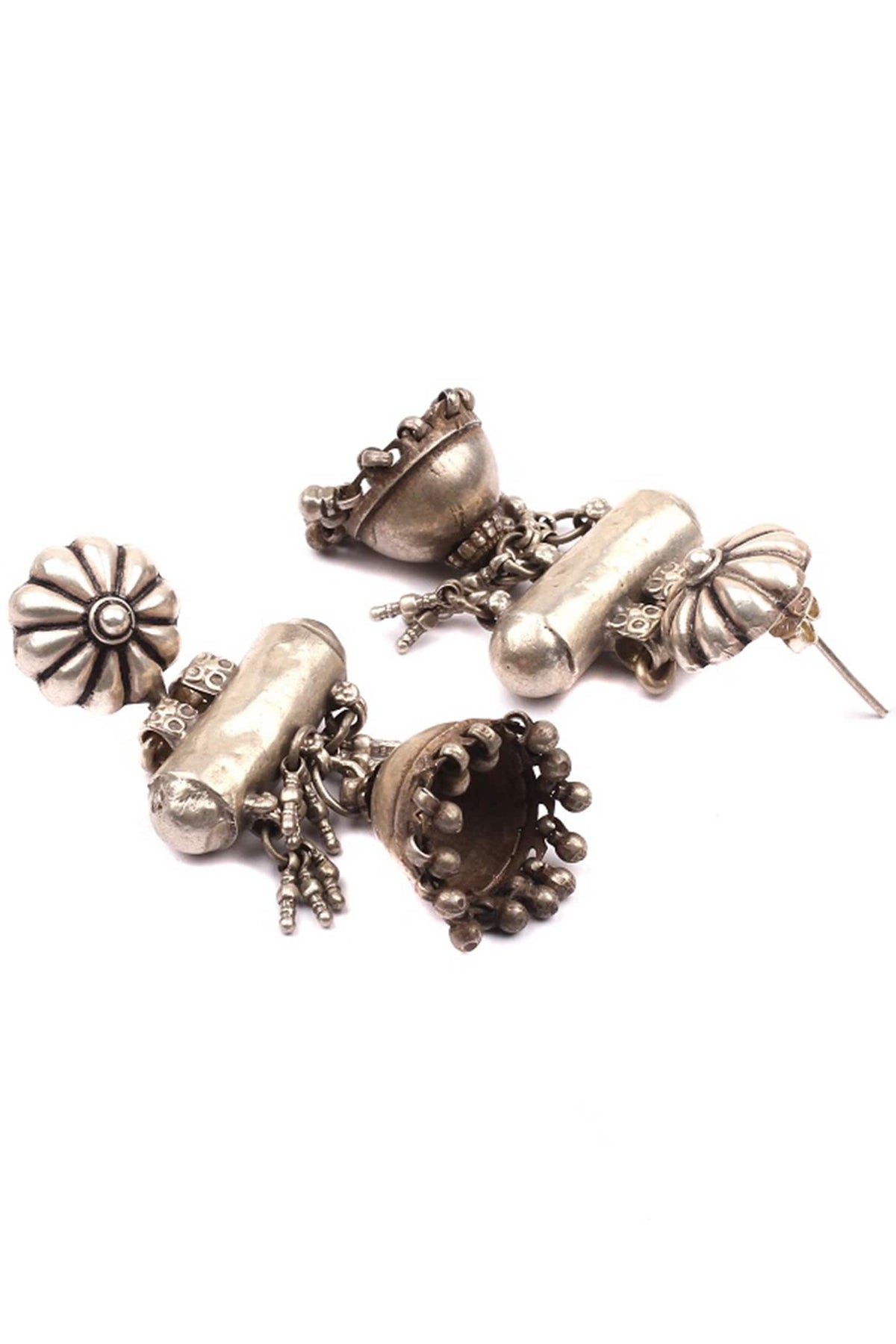 Floral Carved Silver Jhumkas 