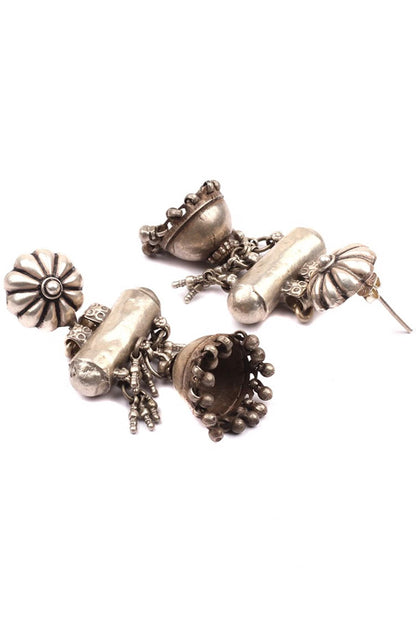 Floral Carved Silver Jhumkas 
