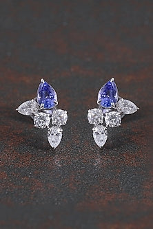 14kt White Finish Round-Cut Diamond & Blue Gemstone Stud Earrings