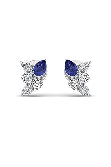 14kt White Finish Round-Cut Diamond & Blue Gemstone Stud Earrings