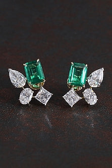 14kt Yellow Gold Finish 3.68 Carat Diamond & 3.68 Carat Emerald Green Stone Stud Earrings