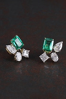 14kt Yellow Gold Finish 3.68 Carat Diamond & 3.68 Carat Emerald Green Stone Stud Earrings