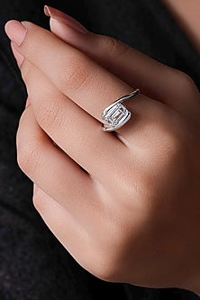 14kt White Finish Emerald-Cut Diamond Ring