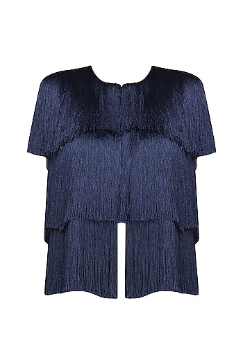 Navy Blue Layered Fringe Sleeveless Jacket