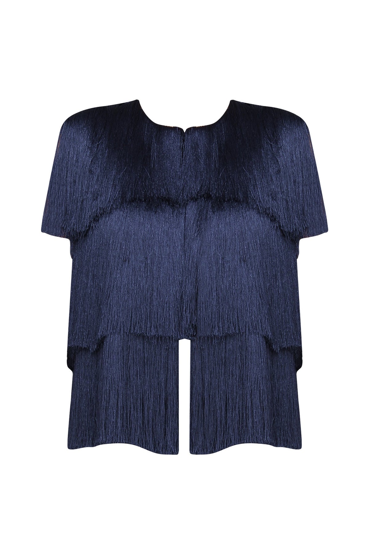 Navy Blue Layered Fringe Sleeveless Jacket
