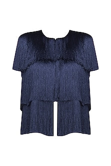 Navy Blue Layered Fringe Sleeveless Jacket