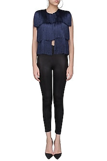 Navy Blue Layered Fringe Sleeveless Jacket