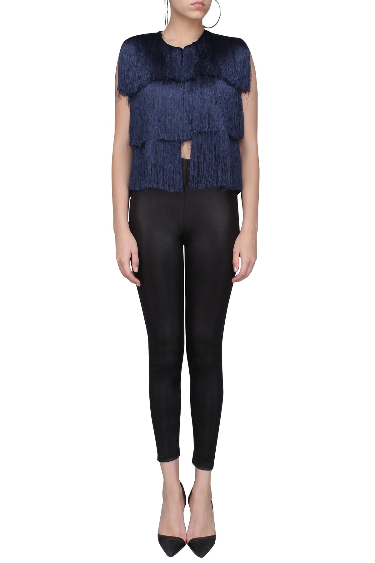 Navy Blue Layered Fringe Sleeveless Jacket