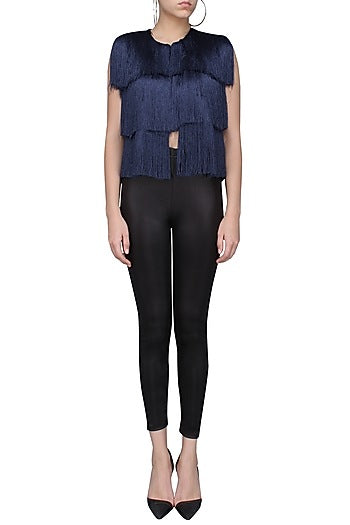 Navy Blue Layered Fringe Sleeveless Jacket