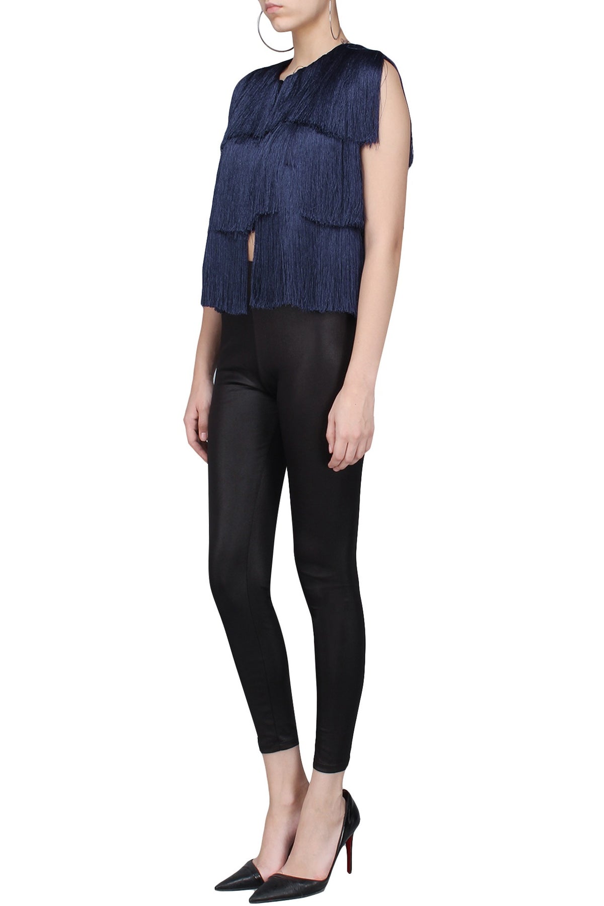 Navy Blue Layered Fringe Sleeveless Jacket