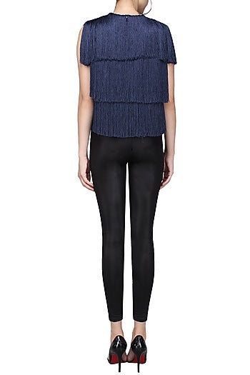 Navy Blue Layered Fringe Sleeveless Jacket