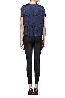 Navy Blue Layered Fringe Sleeveless Jacket