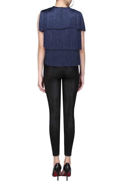 Navy Blue Layered Fringe Sleeveless Jacket