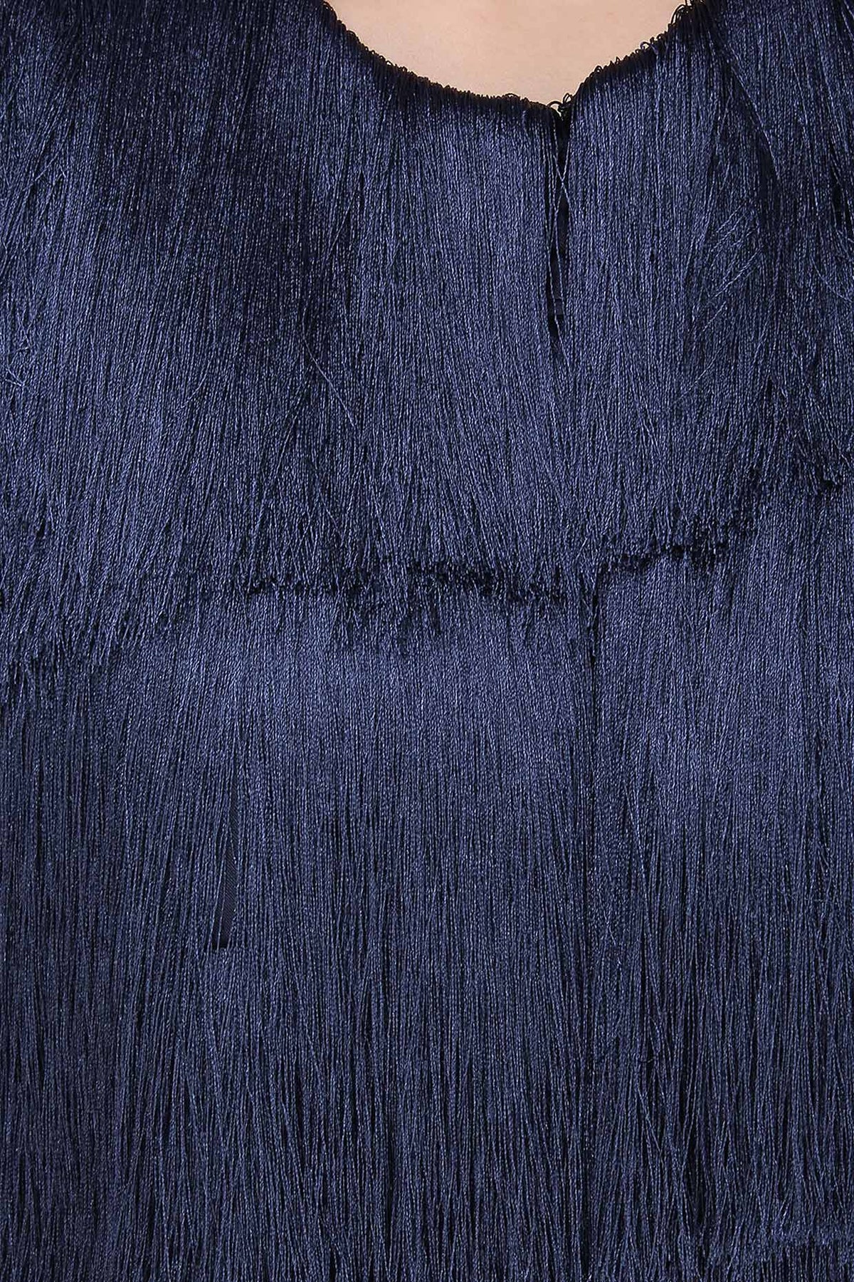 Navy Blue Layered Fringe Sleeveless Jacket
