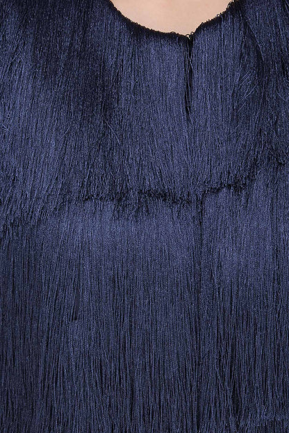 Navy Blue Layered Fringe Sleeveless Jacket
