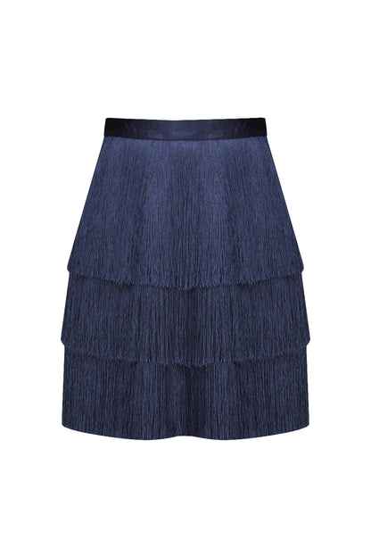 Navy Blue Layered Fringe Skirt