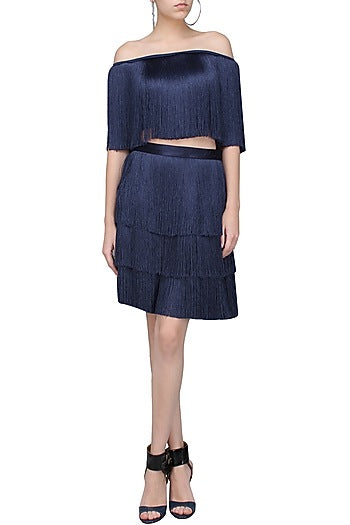Navy Blue Layered Fringe Skirt