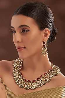 Gold Plated Kundan Polki & Semi-Precious Stone Long Necklace Set