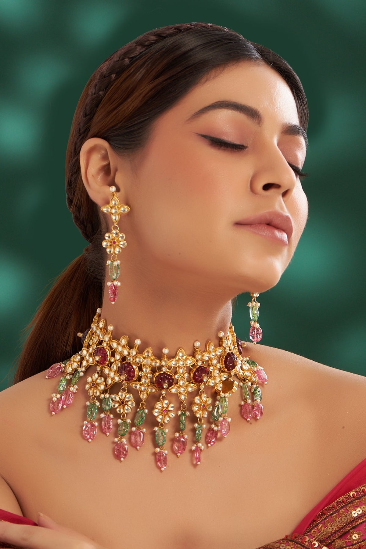 Gold Plated Kundan Polki & Semi-Precious Stone Choker Necklace Set