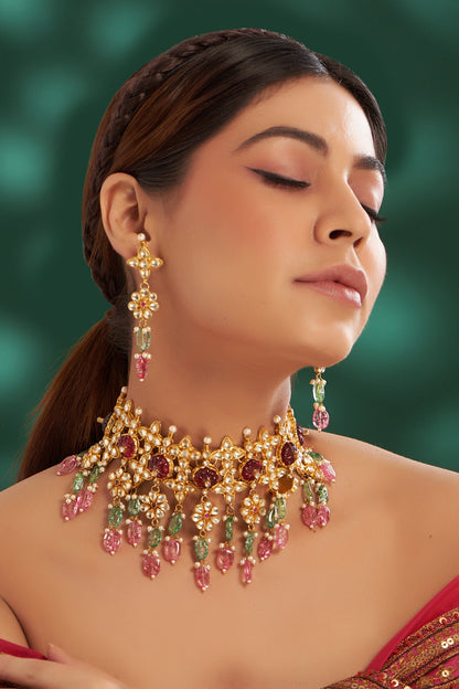 Gold Plated Kundan Polki & Semi-Precious Stone Choker Necklace Set