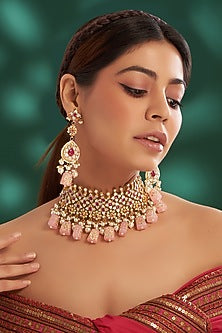 Gold Plated Kundan Polki & Semi-Precious Stone Choker Necklace Set