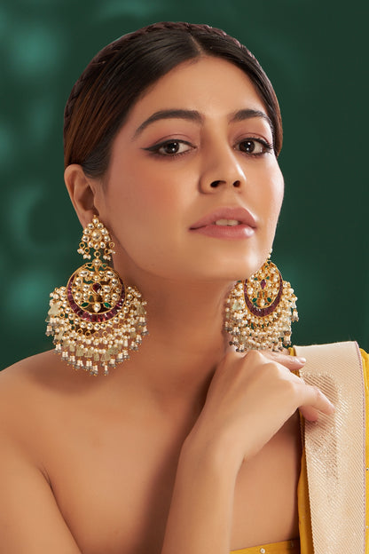 Gold Plated Kundan Polki & Semi-Precious Stone Dangler Earrings