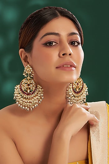 Gold Plated Kundan Polki & Semi-Precious Stone Dangler Earrings
