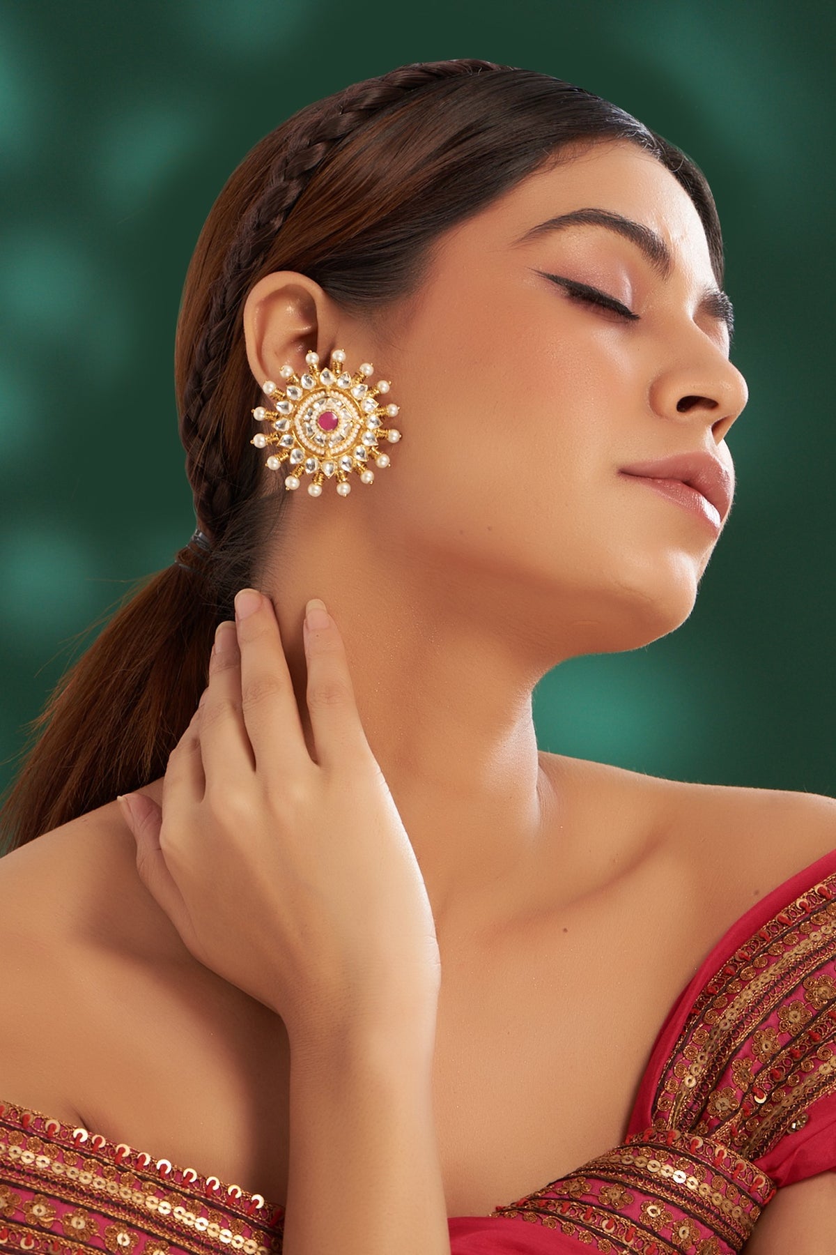 Gold Plated Kundan Polki & Semi-Precious Stone Stud Earrings