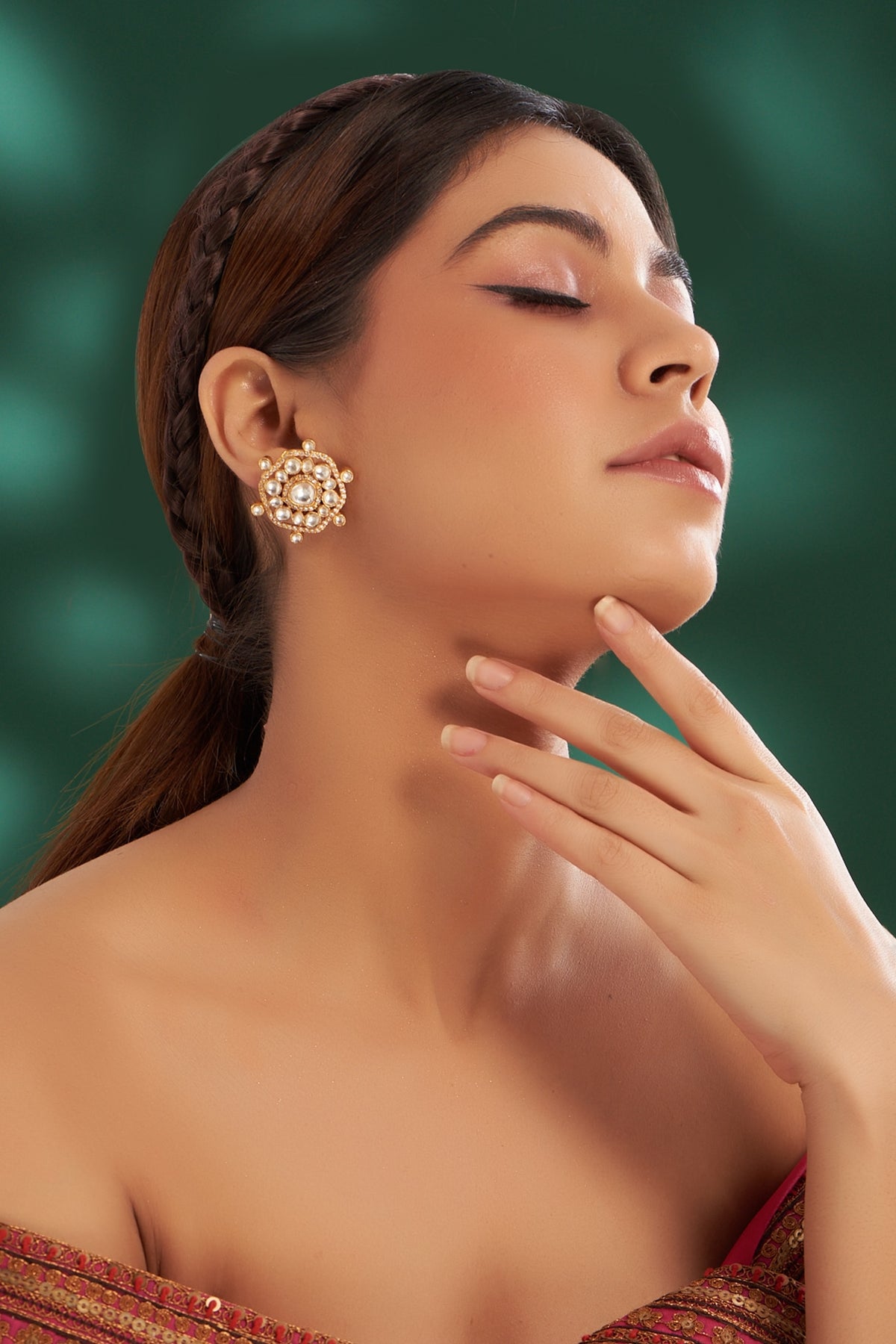 Gold Plated Kundan Polki & Semi-Precious Stone Stud Earrings