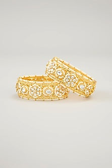 Gold Plated Jadau kundan Polki & Natural Gemstone Bangles (Set of 2)