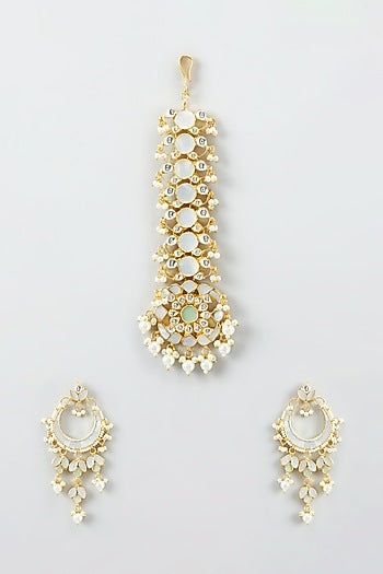 Gold Plated Dangler Earrings With Maang Tikka