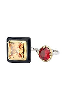 Gold Plated Black Onyx, Gold and Maroon Cubic Zirconia Stones Multi-Finger Ring