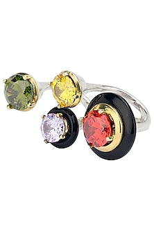 Gold Plated Black Onyx and Multi Coloured Cubic Zirconia Stones Multi-Finger Ring